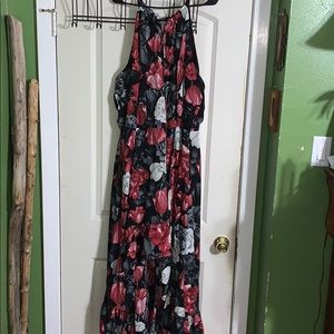 hi-low black and red floral sleeveless dress.
